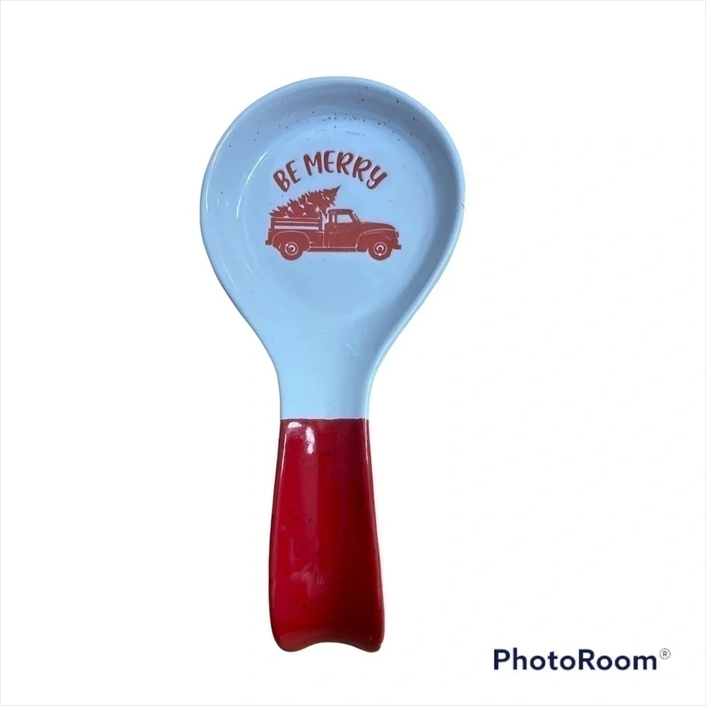 Be Merry Ceramic Spoon Rest Truck Tree White Red NWT